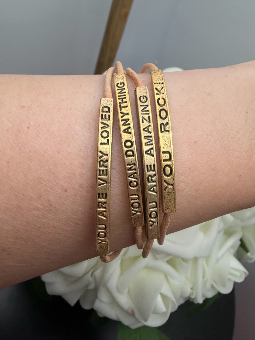 Inspirational Tan Leather Wrap Bracelet Set with Gold Message Bars